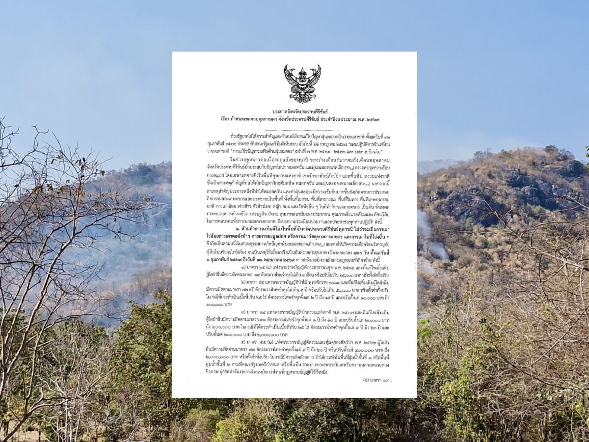 ประจวบฯ ประกาศห้ามเผาในที่โล่ง หวังสกัดไฟป่า-PM 2.5 ฝ่าฝืนทั้งจำทั้งปรับ