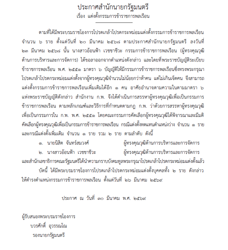 โปรดเกล้าฯ แต่งตั้ง "นิสิต จันทร์สมวงศ์-อ้อนฟ้า เวชชาชีวะ" เป็นบอร์ด ก.พ.คนใหม่ 