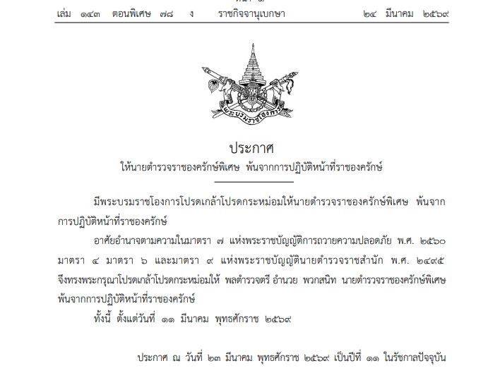 โปรดเกล้าฯ ให้ นายตำรวจราชองครักษ์พิเศษ พ้นจากการปฏิบัติหน้าที่