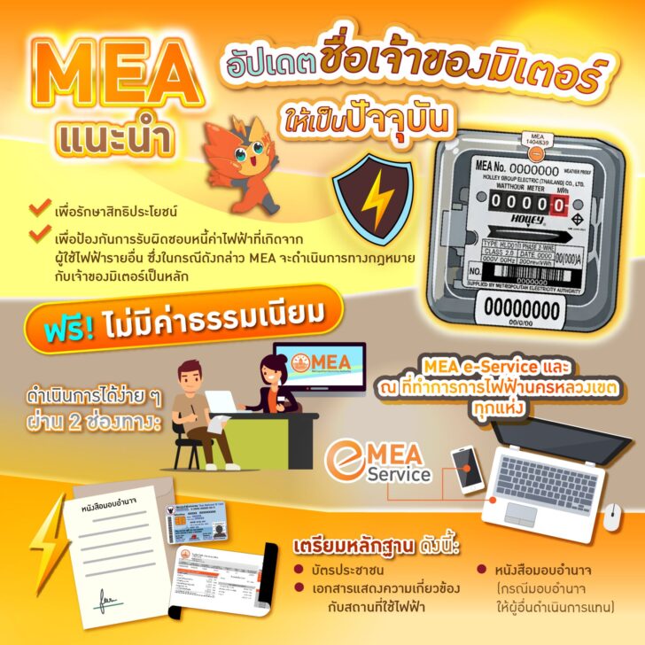 .MEA แนะเปลี่ยนชื่อเจ้าของมิเตอร์ไฟฟ้า ลดความเสี่ยงทางกฎหมาย.