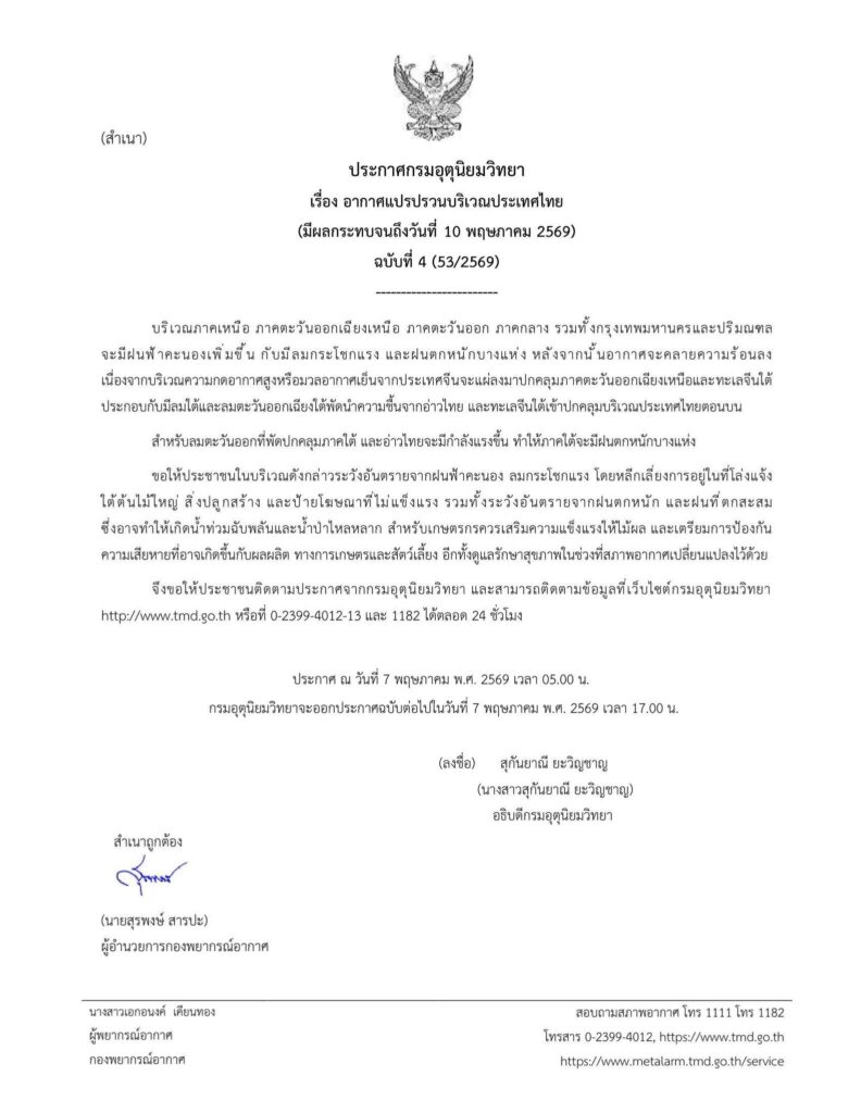 ประกาศเตือนฉบับที่ 4 อากาศแปรปรวน