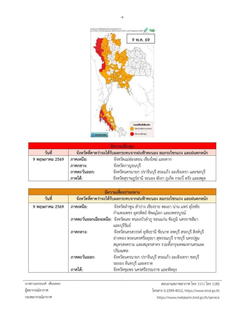 พื้นที่เสี่ยงภัยฝนตกหนัก 9 พ.ค.69