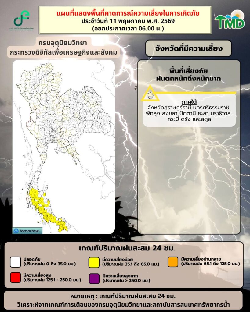 กรมอุตุนิยมวิทยา วันนี้ 11 พ.ค. 2569