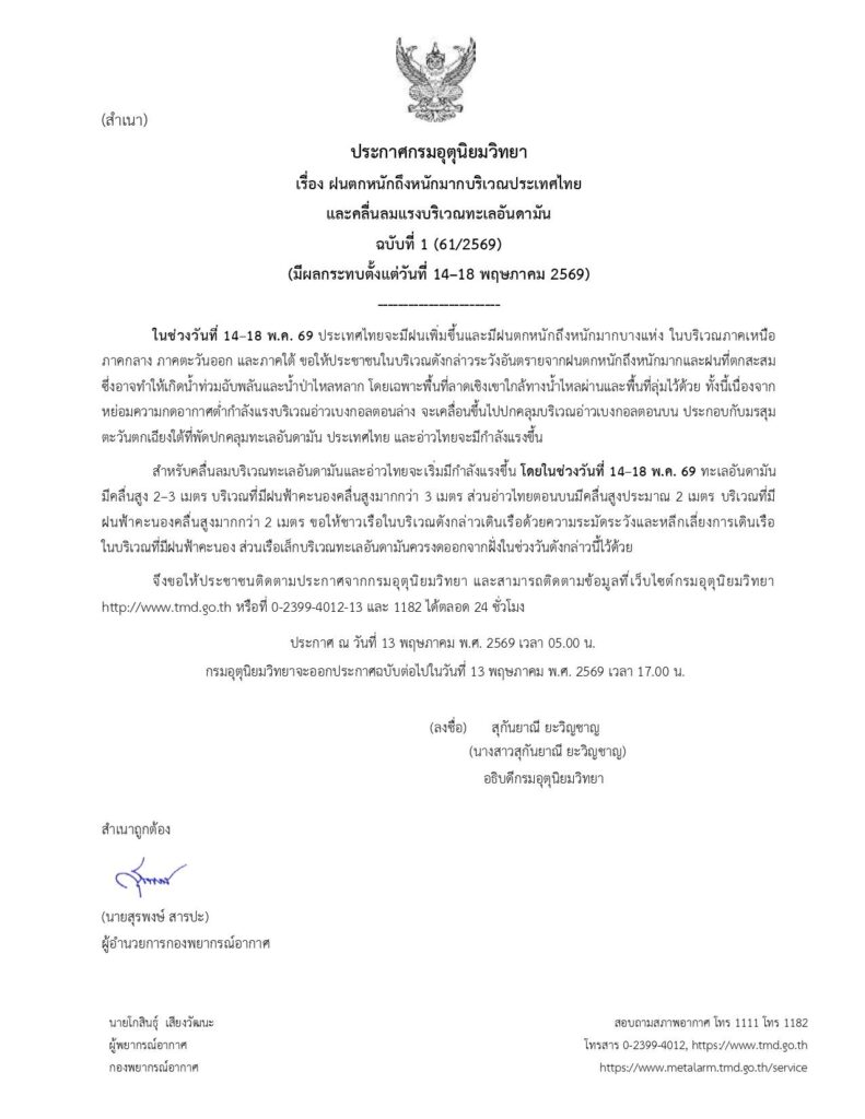 กรมอุตุนิยมวิทยา ออกประกาศฉบับที่ 1 เตือนครั้งใหม่ ฝนตกหนั