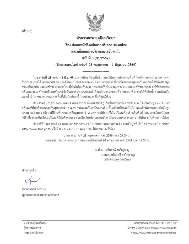 กรมอุตุนิยมวิทยา ออกประกาศกรมอุตุนิยมวิทยา ฉบับที่ 3 (81/2569)เรื่อง ฝนตกหนักถึงหนักมาก