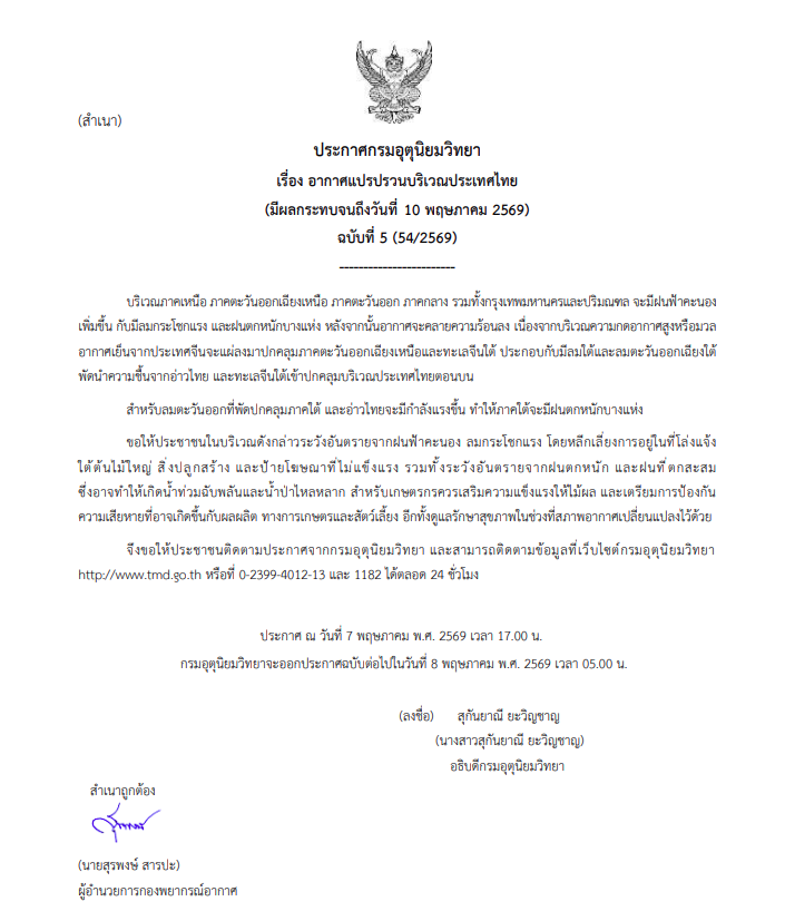 กรมอุตุฯเตือนฉบับที่5 "อากาศแปรปวน" ฝนตกหนัก