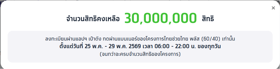 ไทยช่วยไทยพลัส จำนวนสิทธิ 30 ล้านสิทธิ