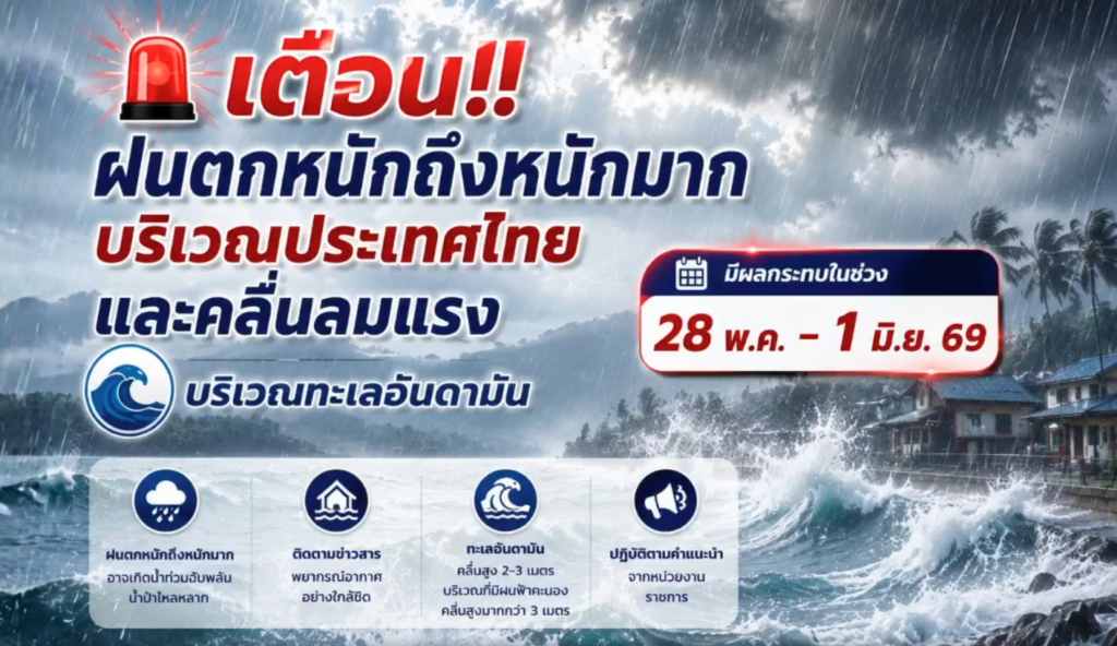 กรมอุตุฯเตือน รับมือฝนตกหนัก-คลื่นลมแรง ช่วง 28 พ.ค.-1 มิ.ย.นี้