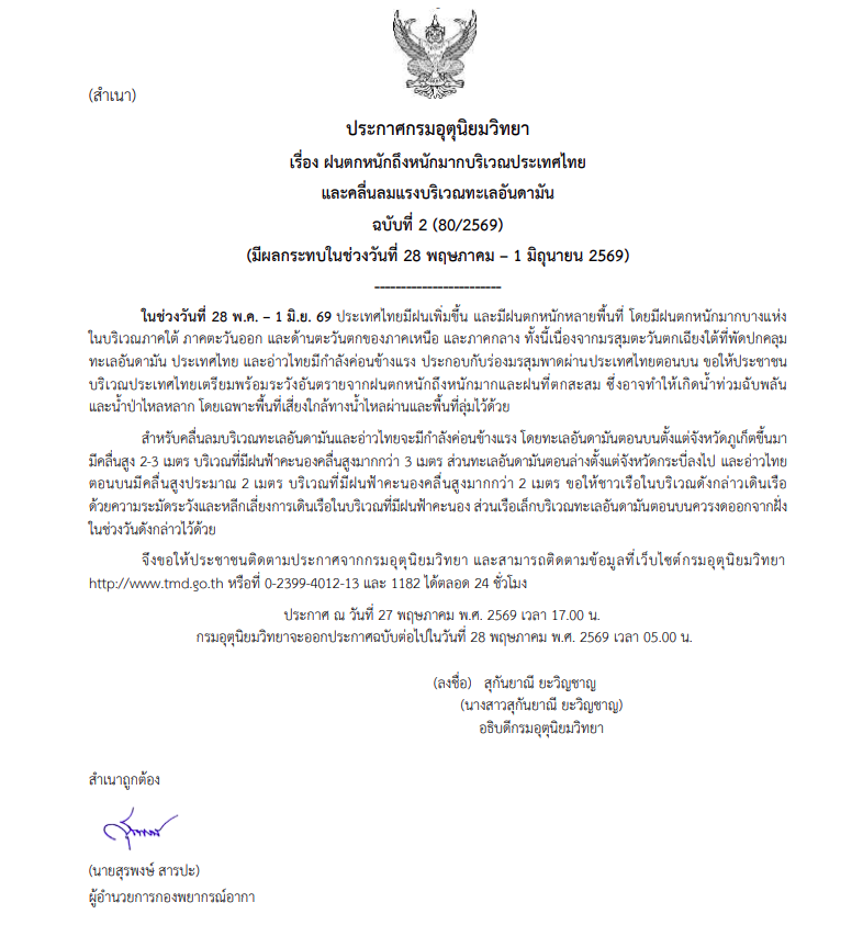กรมอุตุฯออกประกาศเตือนภัยลักษณะอากาศ ฉบับที่ 2 ฝนตกหนักถึงหนักมาก