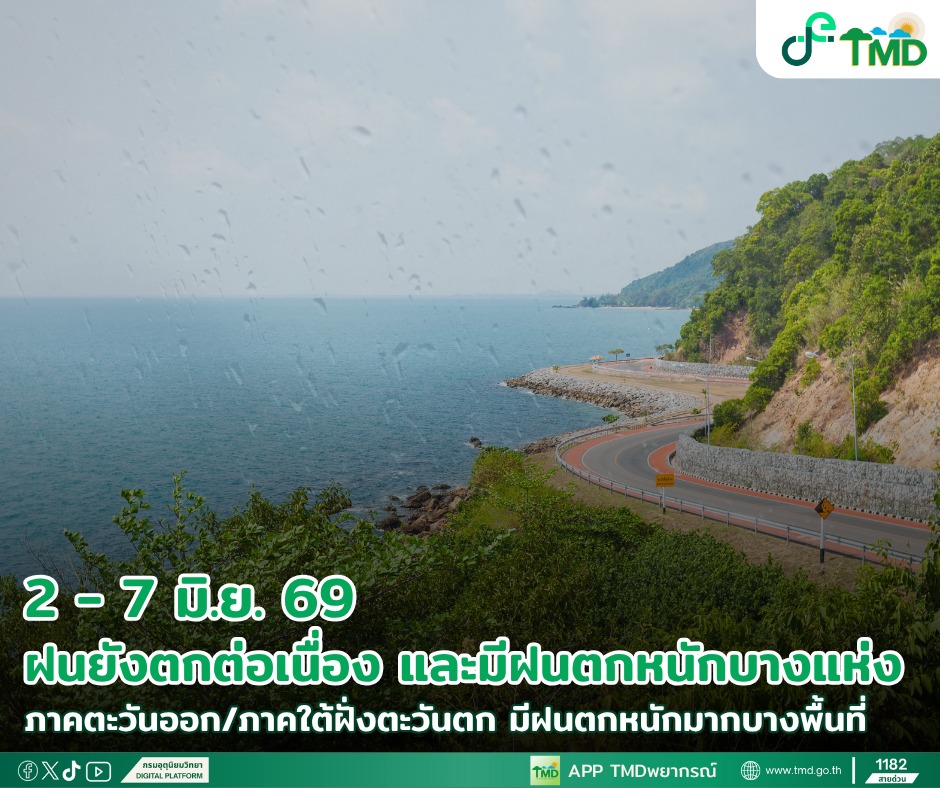 กรมอุตุนิยมวิทยา 7 วันข้างหน้า เตือนฝนยังตกหนักช่วง 2-8 มิ.ย.นี้