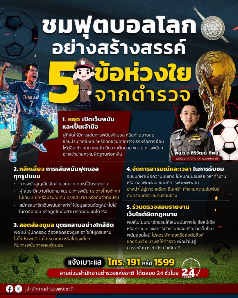 สำนักงานตำรวจแห่งชาติ เตือนประชาชนรับชมฟุตบอลโลก 2026 อย่างสร้างสรรค์