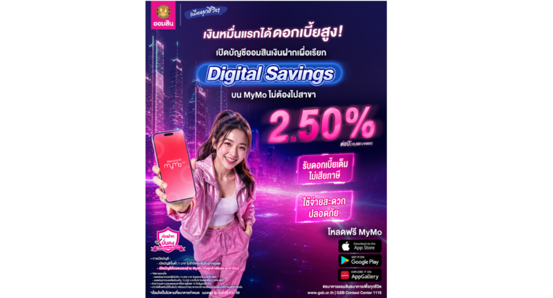 เงินหมื่นแรกได้ดอกเบี้ยสูง! ออมสิน Digital Savings ให้ดอกเบี้ย 2.50% ต่อปี ไม่ต้องเสียภาษี